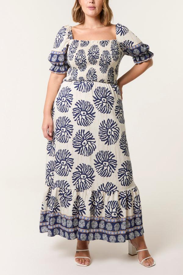 qed london Curve Square Shirred Neck Printed Maxi Dress