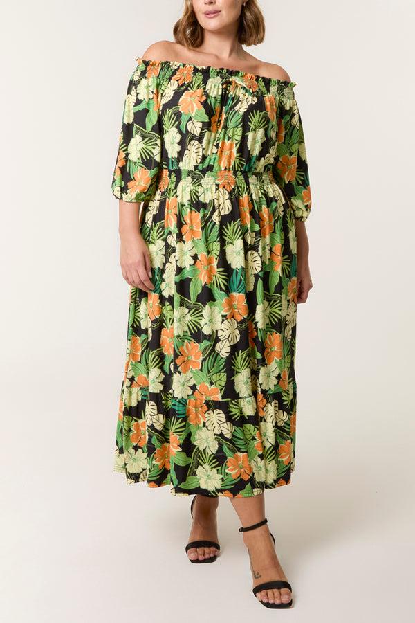 Qed London Curve Tropical Floral Bardot Elasticated Dress