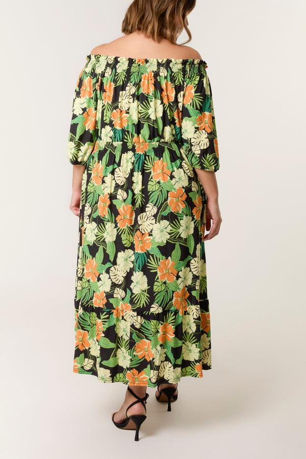 Qed London Curve Tropical Floral Bardot Elasticated Dress