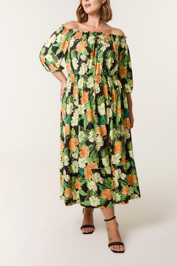 qed london Curve Tropical Floral Bardot Elasticated Dress