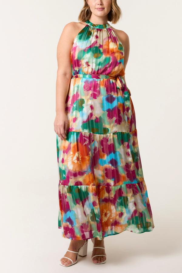 Qed London Curve Watercolour Floral Halter Neck Maxi Dress