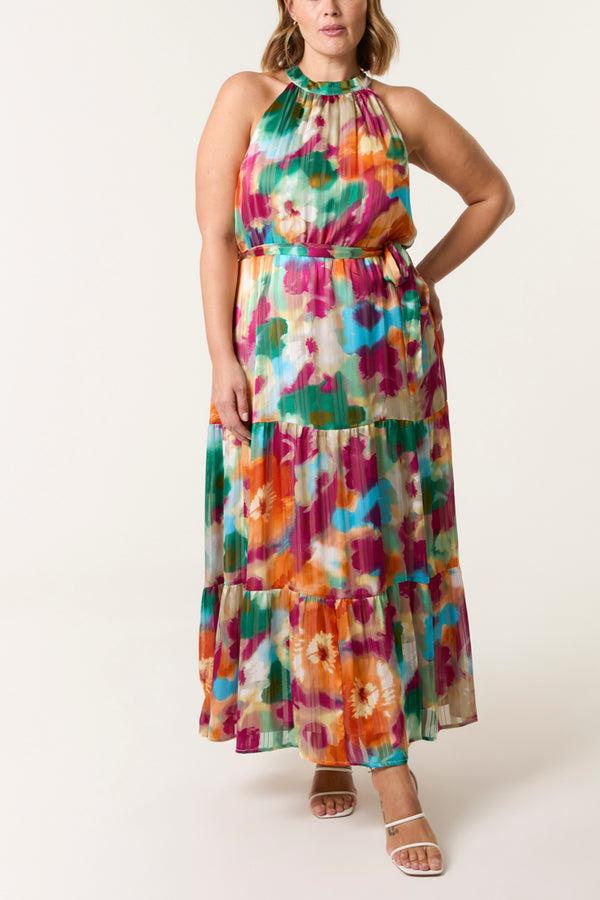 qed london Curve Watercolour Floral Halter Neck Maxi Dress