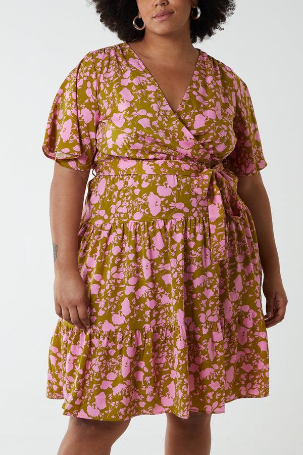 Qed London Curve Wrap Front Tier Hem Angel Sleeve Dress