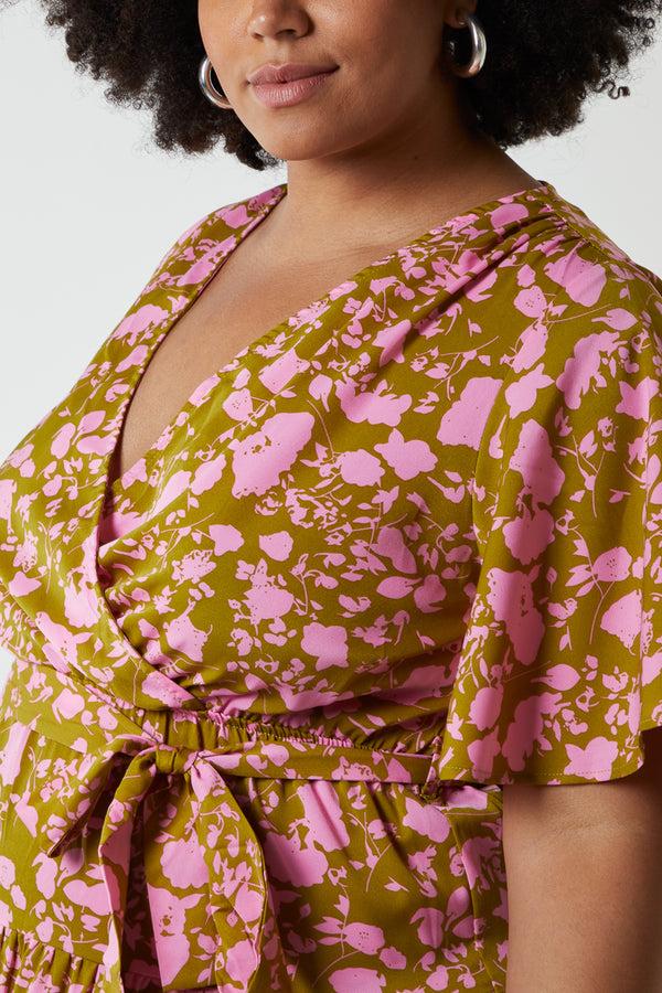 Qed London Curve Wrap Front Tier Hem Angel Sleeve Dress