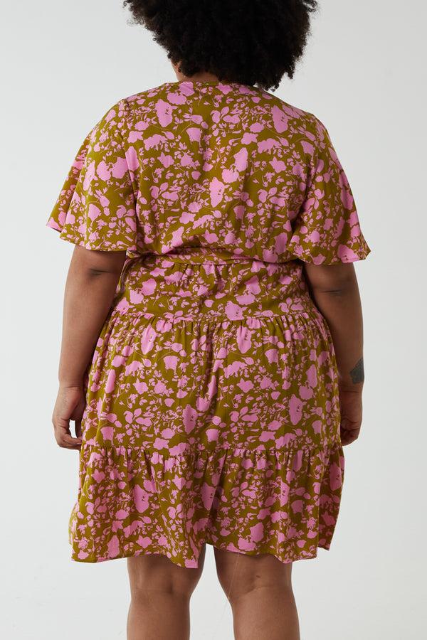 Qed London Curve Wrap Front Tier Hem Angel Sleeve Dress