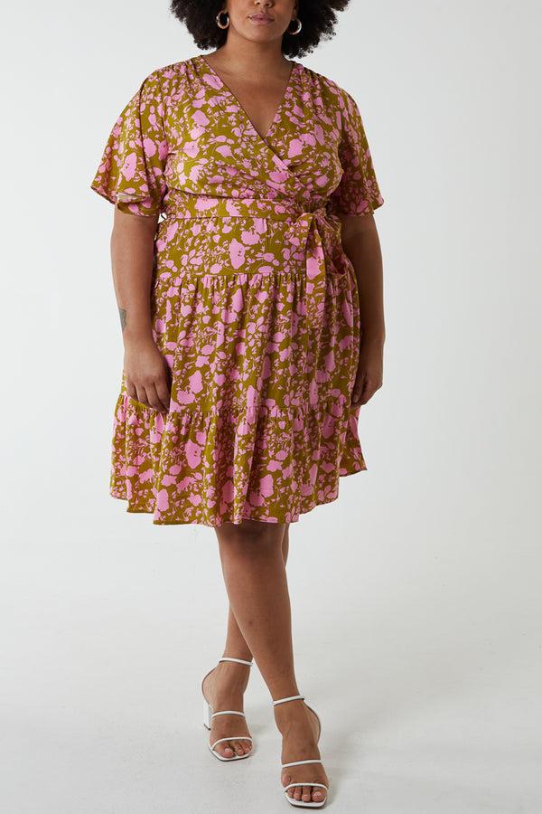 qed london Curve Wrap Front Tier Hem Angel Sleeve Dress