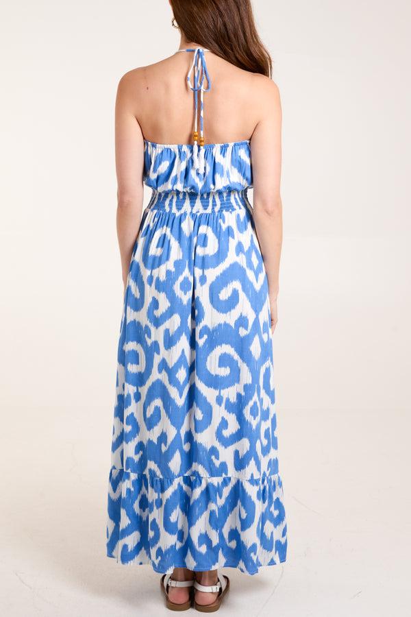 Qed London Damask Print Elastic Waist Halterneck Dress