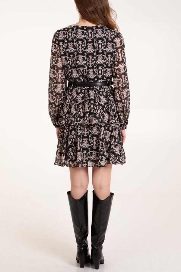 Qed London Damask Wrap Front Belted Double Frill Dress