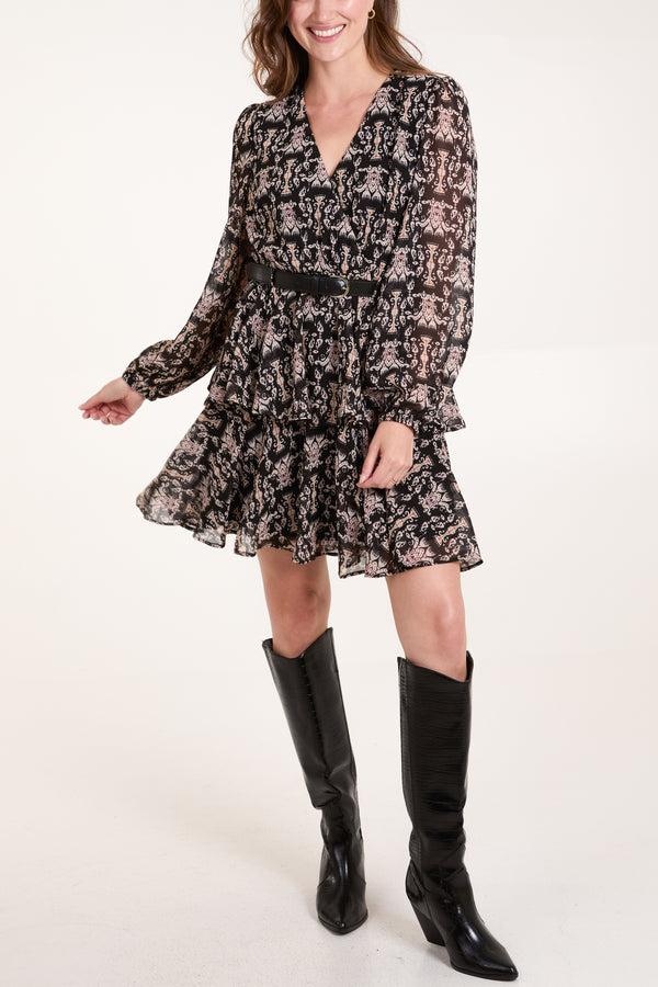 qed london Damask Wrap Front Belted Double Frill Dress