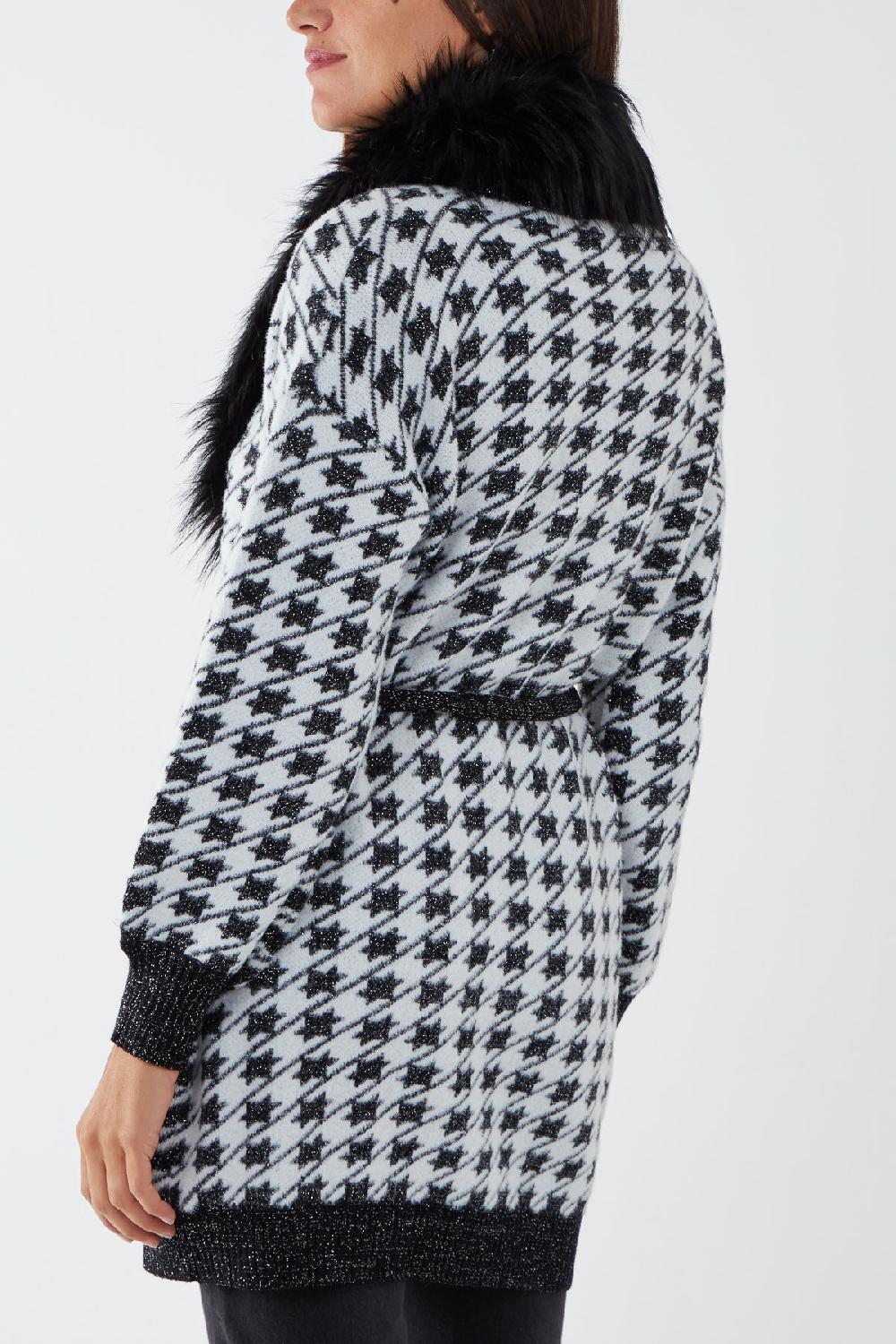 Qed London Detachable Faux Fur Super Soft Touch Lurex Patterned Belted Cardigan