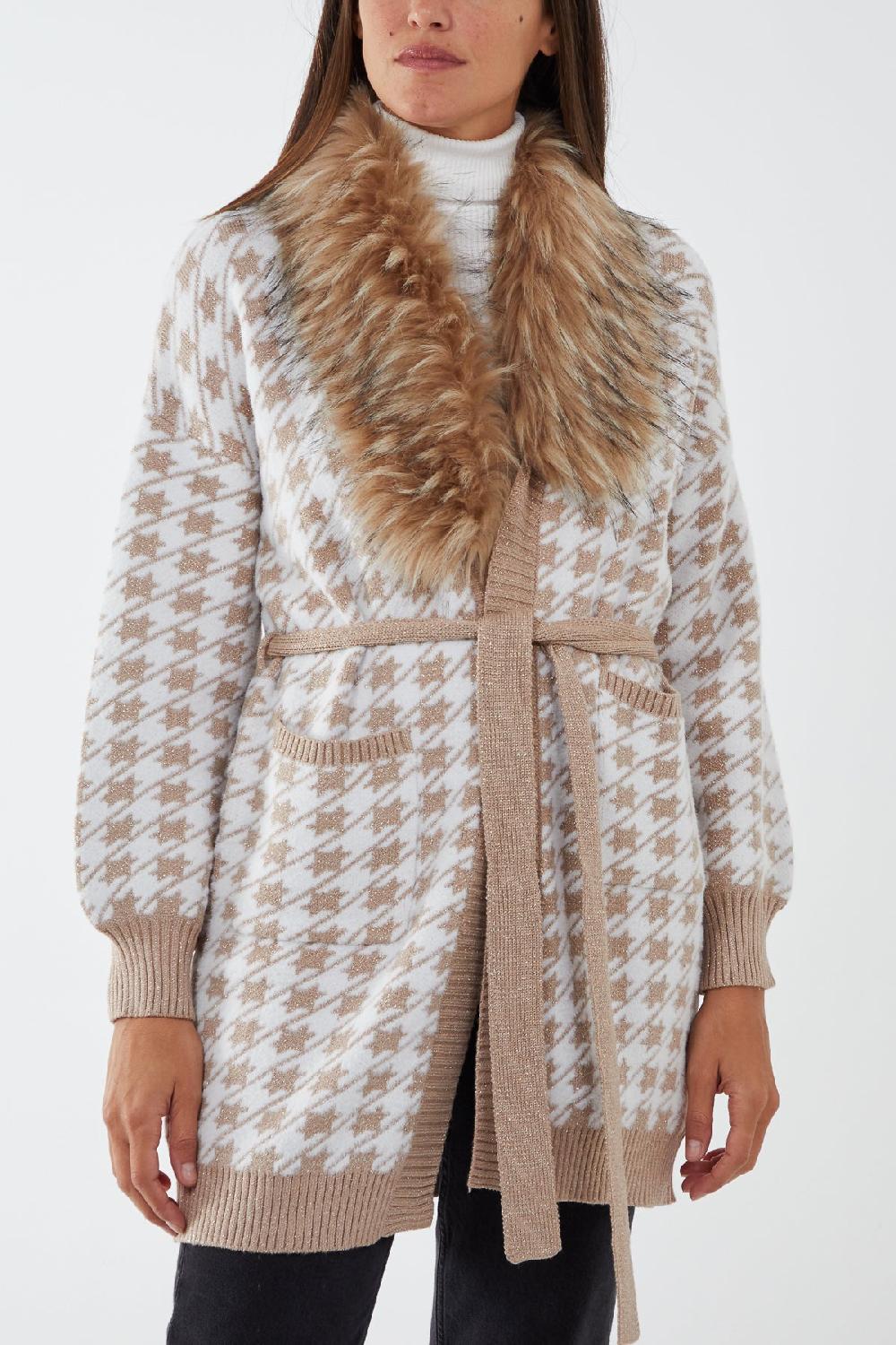 Qed London Detachable Faux Fur Super Soft Touch Lurex Patterned Belted Cardigan