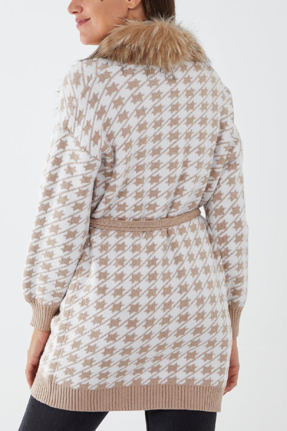 Qed London Detachable Faux Fur Super Soft Touch Lurex Patterned Belted Cardigan