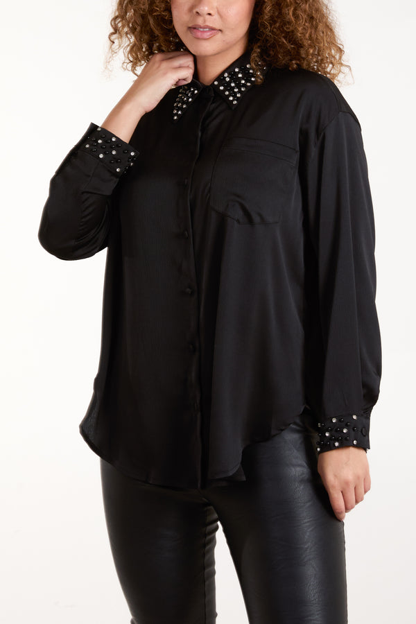 qed london Diamante Embellished Collar & Cuff Satin Shirt