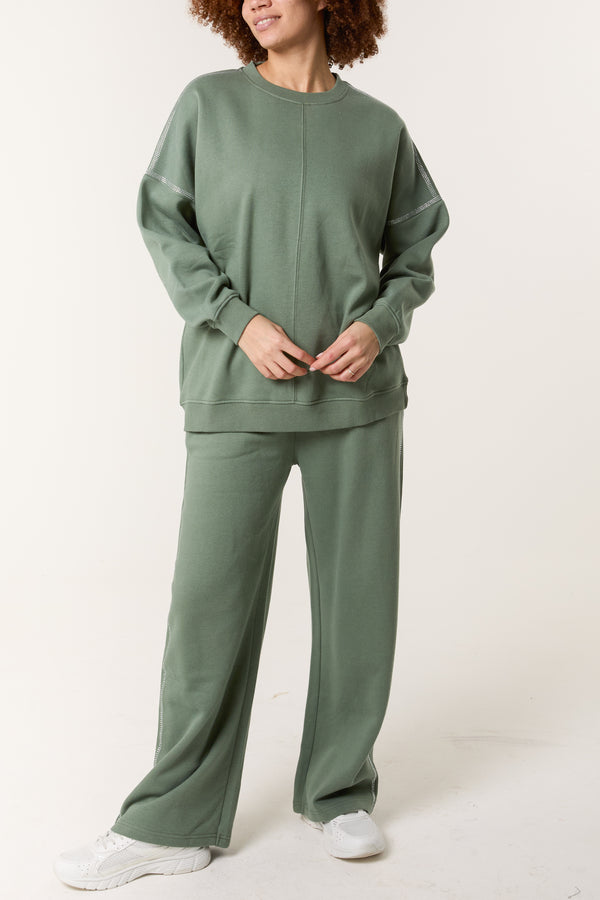 qed london Diamante Embellished Wide Leg Jogger Set