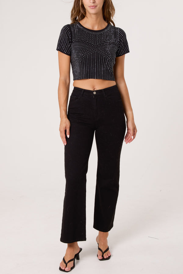 Qed London Diamante Round Neck Cropped Fine Guage Jumper