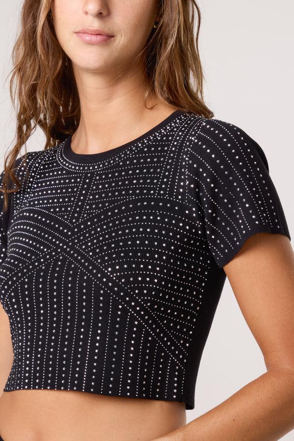 Qed London Diamante Round Neck Cropped Fine Guage Jumper