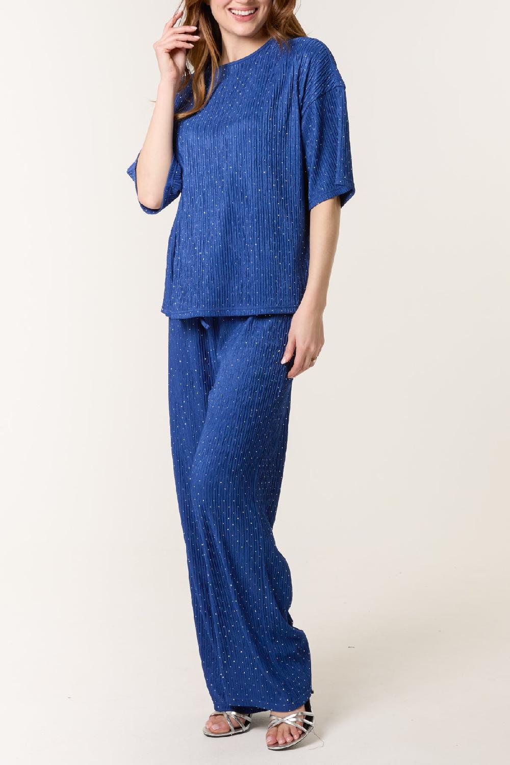 Qed London Diamante Textured T-Shirt & Wide Leg Trouser Set