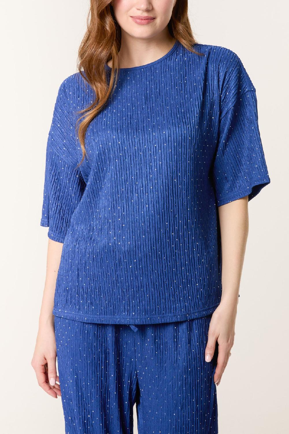 Qed London Diamante Textured T-Shirt & Wide Leg Trouser Set