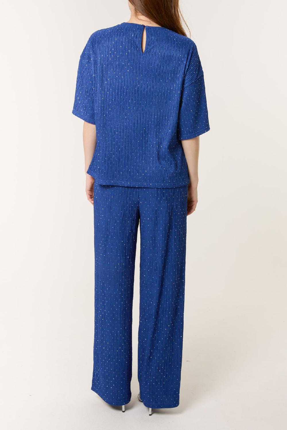 Qed London Diamante Textured T-Shirt & Wide Leg Trouser Set