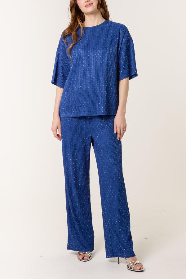 qed london Diamante Textured T-Shirt & Wide Leg Trouser Set