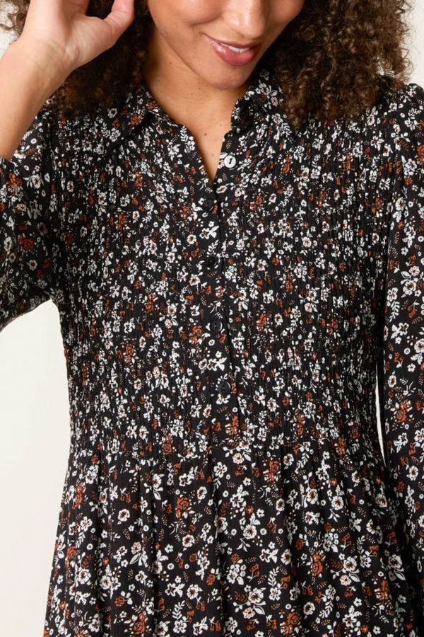 Qed London Ditsy Autumn Floral Shirred Stretch Button Dress