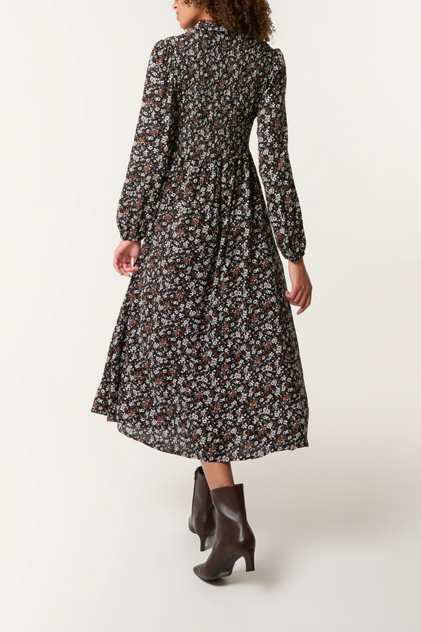 Qed London Ditsy Autumn Floral Shirred Stretch Button Dress