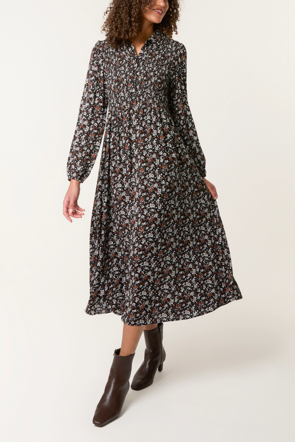 qed london Ditsy Autumn Floral Shirred Stretch Button Dress