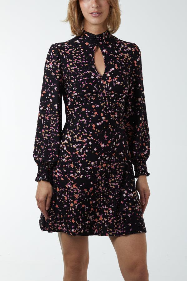 Qed London Ditsy Floral High Neck Keyhole Mini Stretch Dress