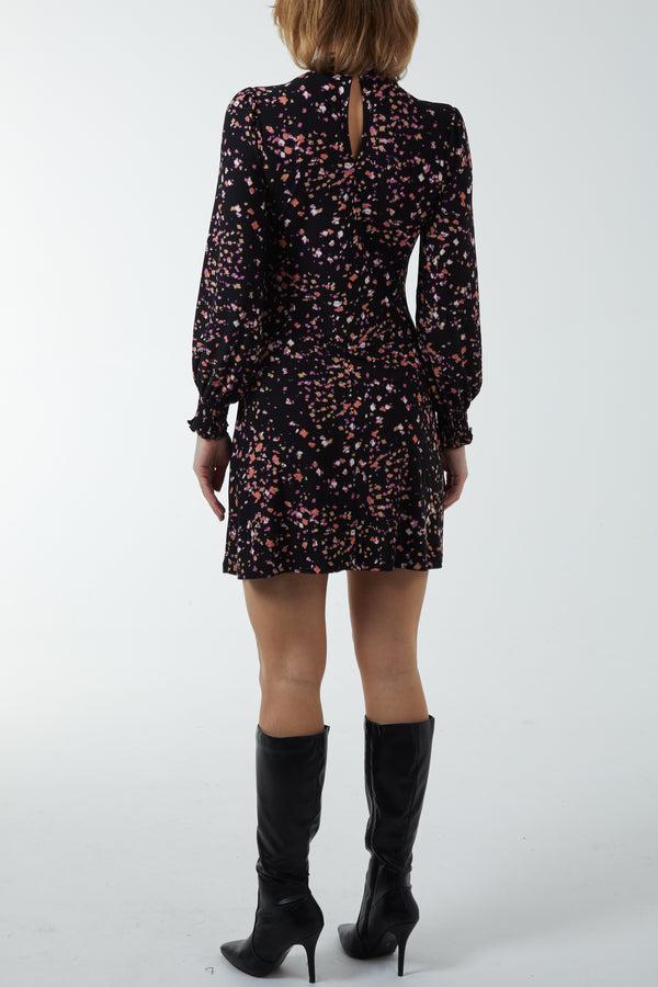Qed London Ditsy Floral High Neck Keyhole Mini Stretch Dress