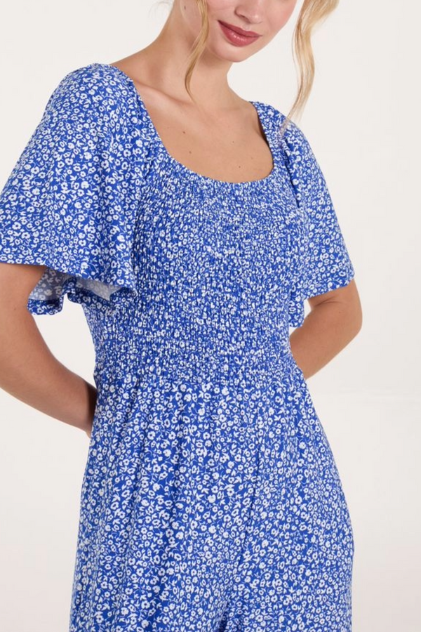 Qed London Ditsy Floral Round Neck Shirred Jumpsuit