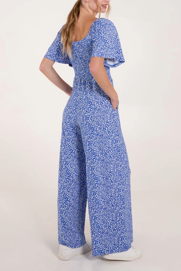Qed London Ditsy Floral Round Neck Shirred Jumpsuit