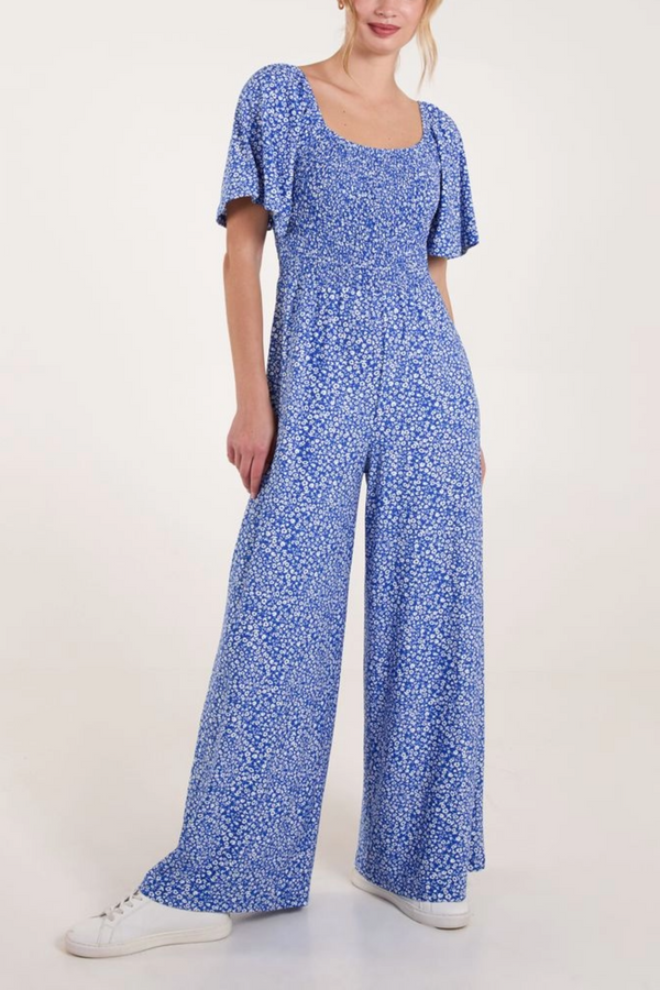 qed london Ditsy Floral Round Neck Shirred Jumpsuit