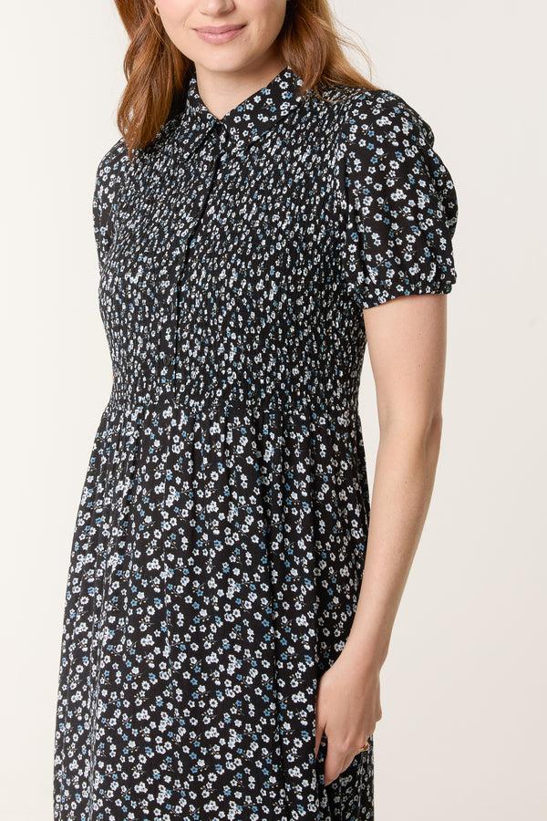 Qed London Ditsy Floral Shirred Button Collar Dress