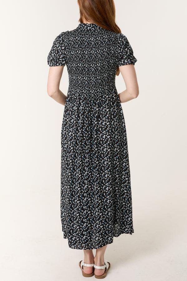Qed London Ditsy Floral Shirred Button Collar Dress