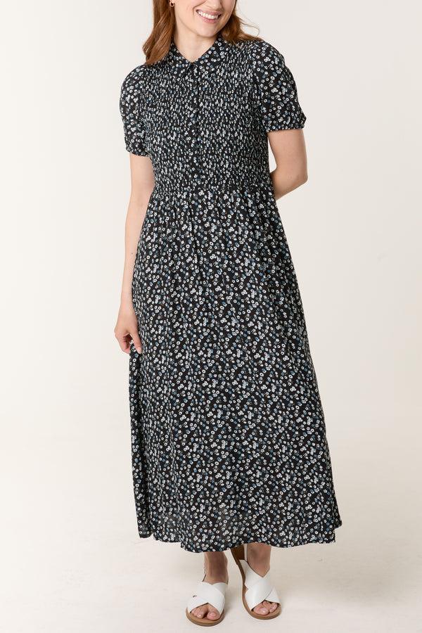 qed london Ditsy Floral Shirred Button Collar Dress