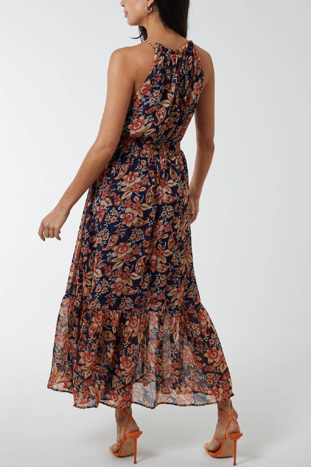 Qed London Drawstring Floral Print Halterneck Dress