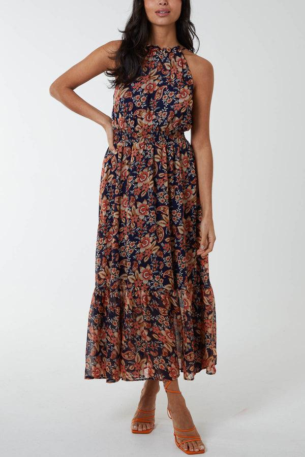 qed london Drawstring Floral Print Halterneck Dress