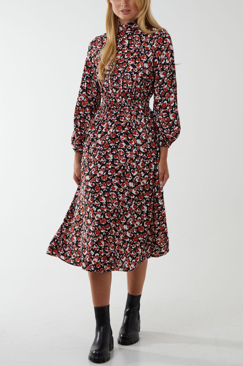 Qed London Drawstring Sleeve Elasticated Waist Midi Dress