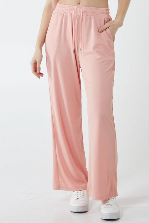 qed london Elasticated Waist Fine Needle Rib Wide Leg Trousers