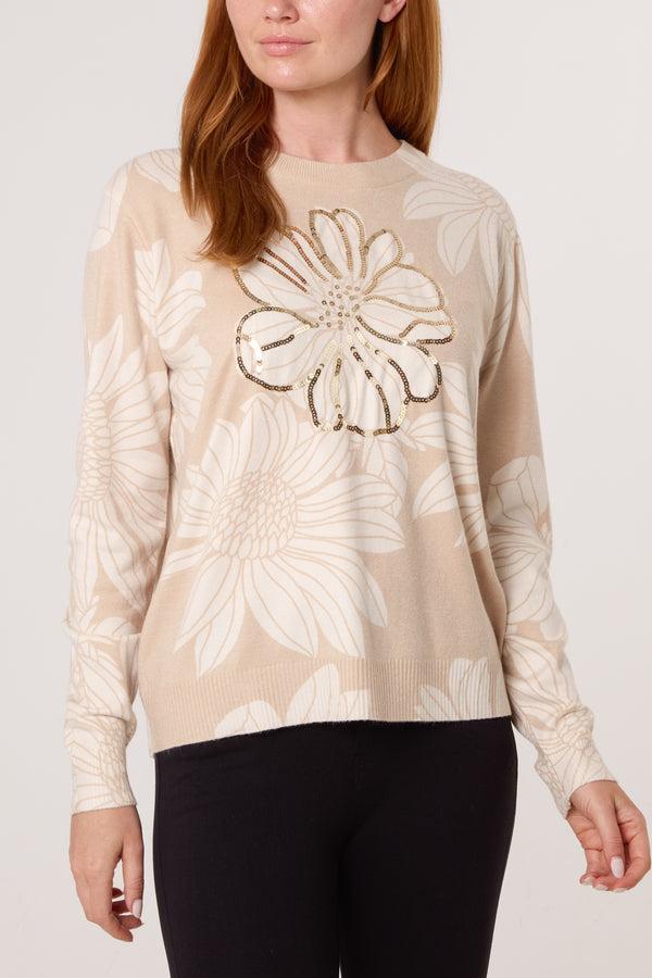 qed london Embellished Flower Crew Fine Knit Jumper