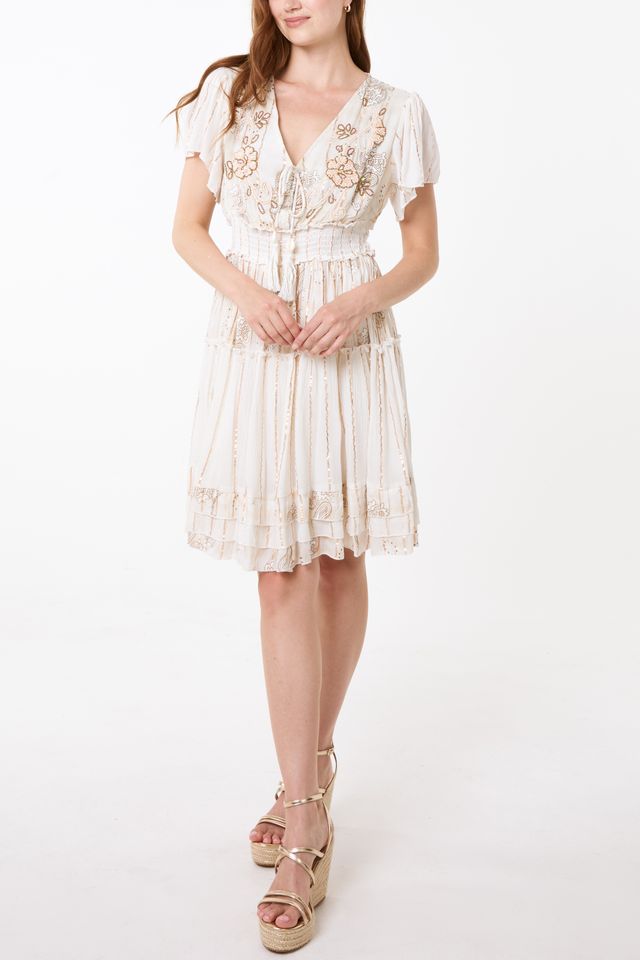 qed london Embellished Gold Floral Tiered Mini Dress