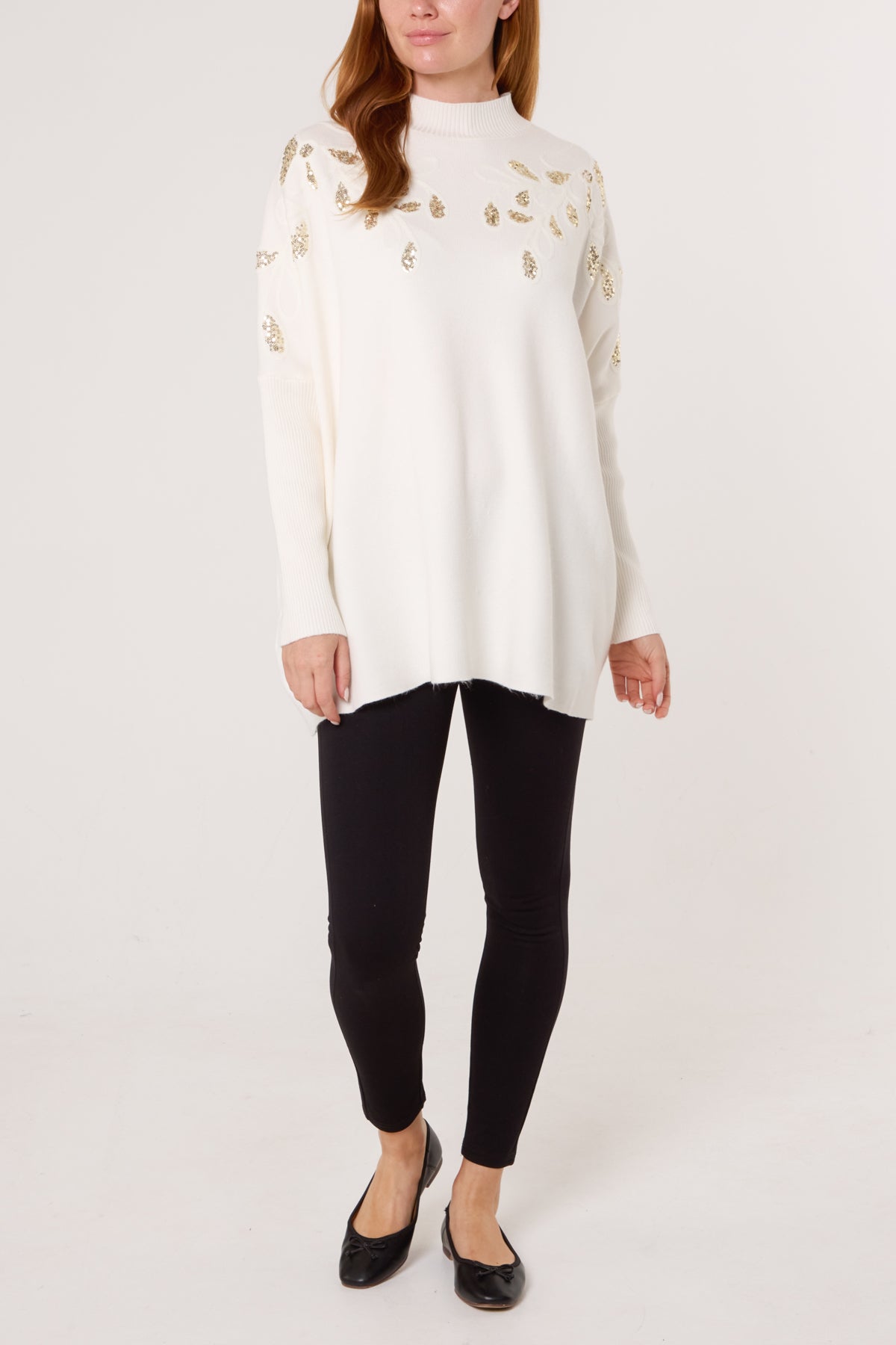 Qed London Embellished Leaves High Neck & Batwing Jumper