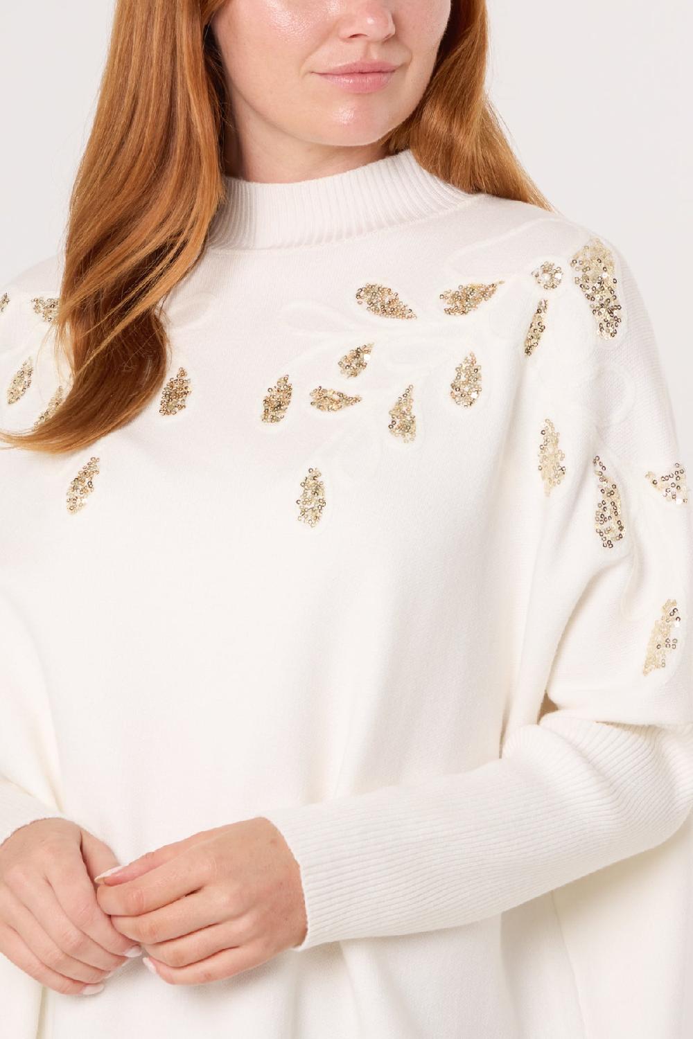 Qed London Embellished Leaves High Neck & Batwing Jumper