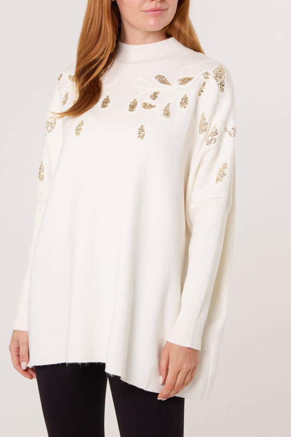 qed london Embellished Leaves High Neck & Batwing Jumper