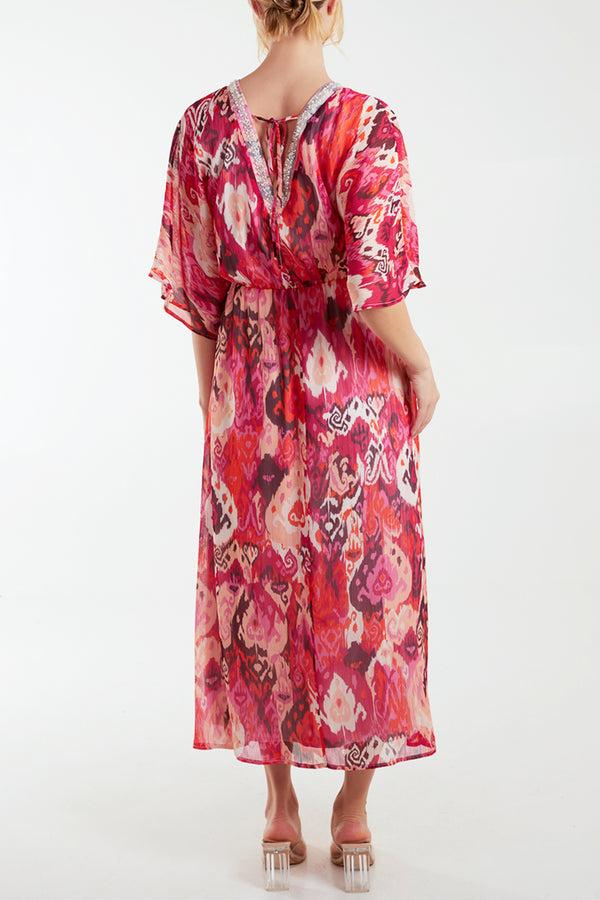 Qed London Embellished V Neck Baroque Print Maxi Dress
