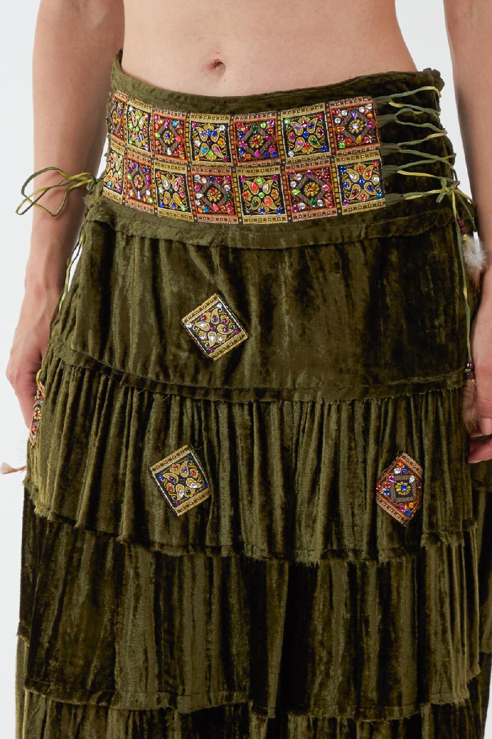 Qed London Embellished Waist Side Tie Up Tiered Long Skirt