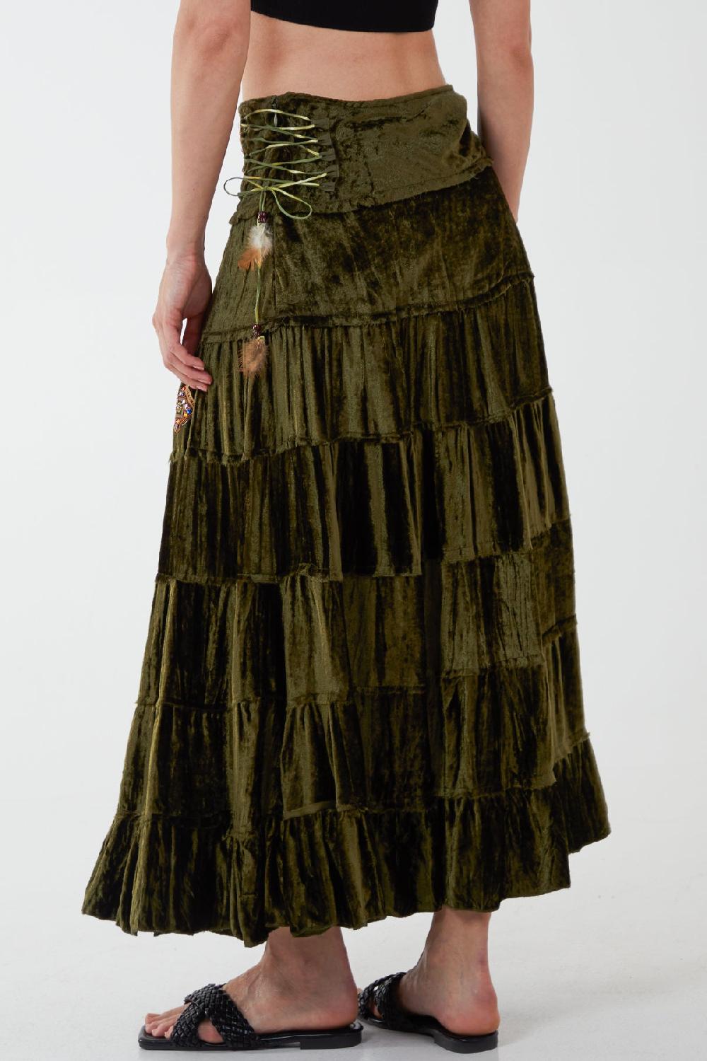 Qed London Embellished Waist Side Tie Up Tiered Long Skirt