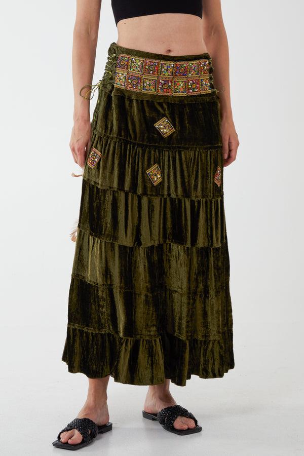 qed london Embellished Waist Side Tie Up Tiered Long Skirt