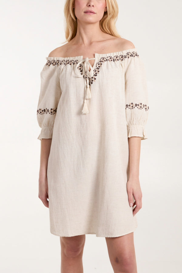 Qed London Embroidered Bardot Tassel Tunic Mini Dress