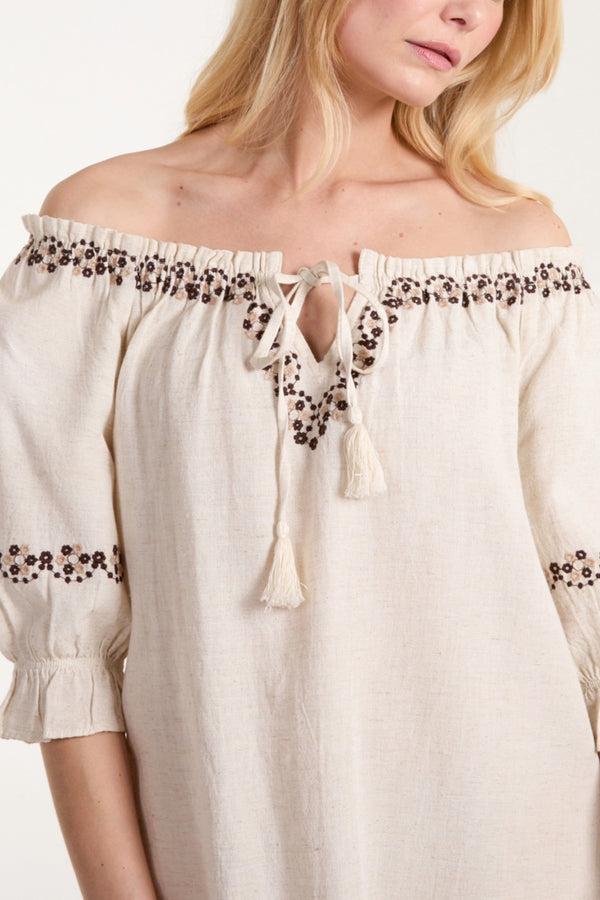 Qed London Embroidered Bardot Tassel Tunic Mini Dress